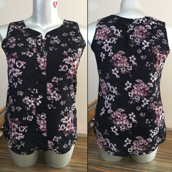 [DH3] Black Floral Sleeveless Blouse | M | Good - Picture 2 of 9
